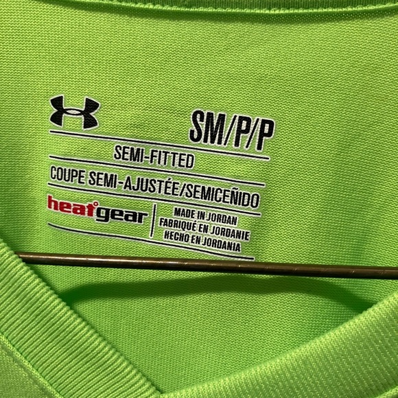 Neon green, semi-fitted, long sleeve Under Armour Heat Gear shirt. Size small - Picture 2 of 3
